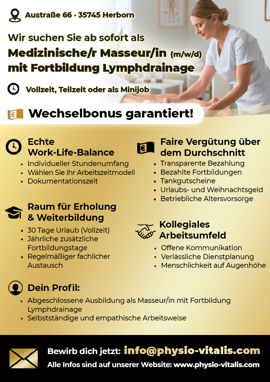 Stellenangebot für eine/n medizinische/n Masseur/in mit Fortbildung Lymphdrainage bei Physio Vitalis in Herborn